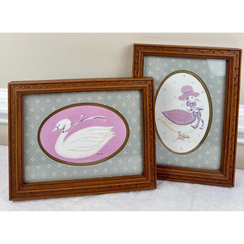 Vintage Swan Goose Framed Art Set 2 Nursery Decor Cottagecore